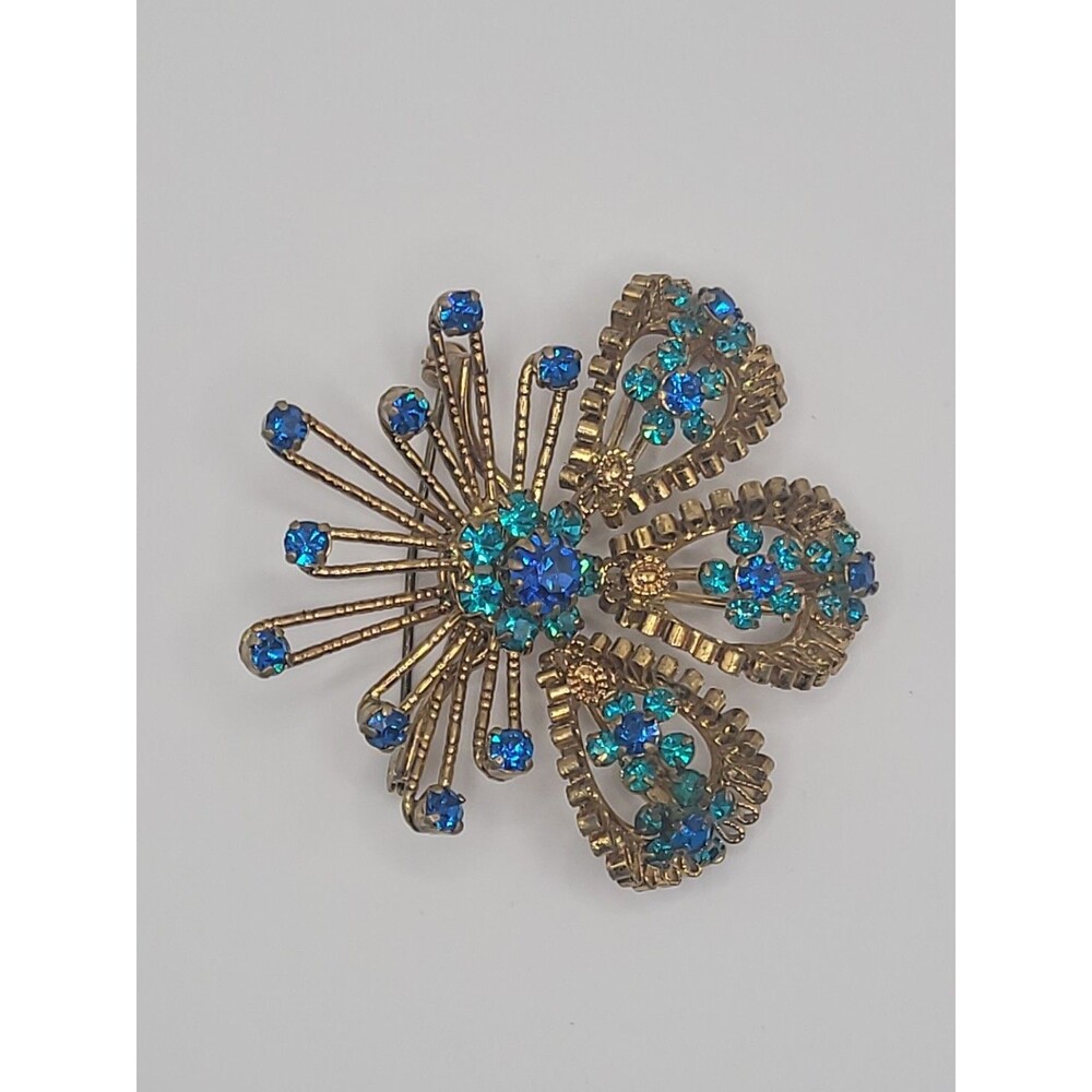 Vintage Brooch Starburst Blue Green Rhinestones Gold Tone Ornate Statement - Picture 6 of 16